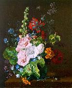 Jan van Huysum Hollyhocks and other Flowers in a Vase oil on canvas